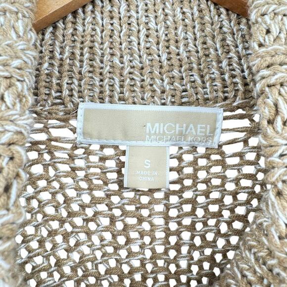 MICHAEL Michael Kors Tan White Chunky Knit Toggle Zipper Poncho Cardigan Sweater - Picture 12 of 13